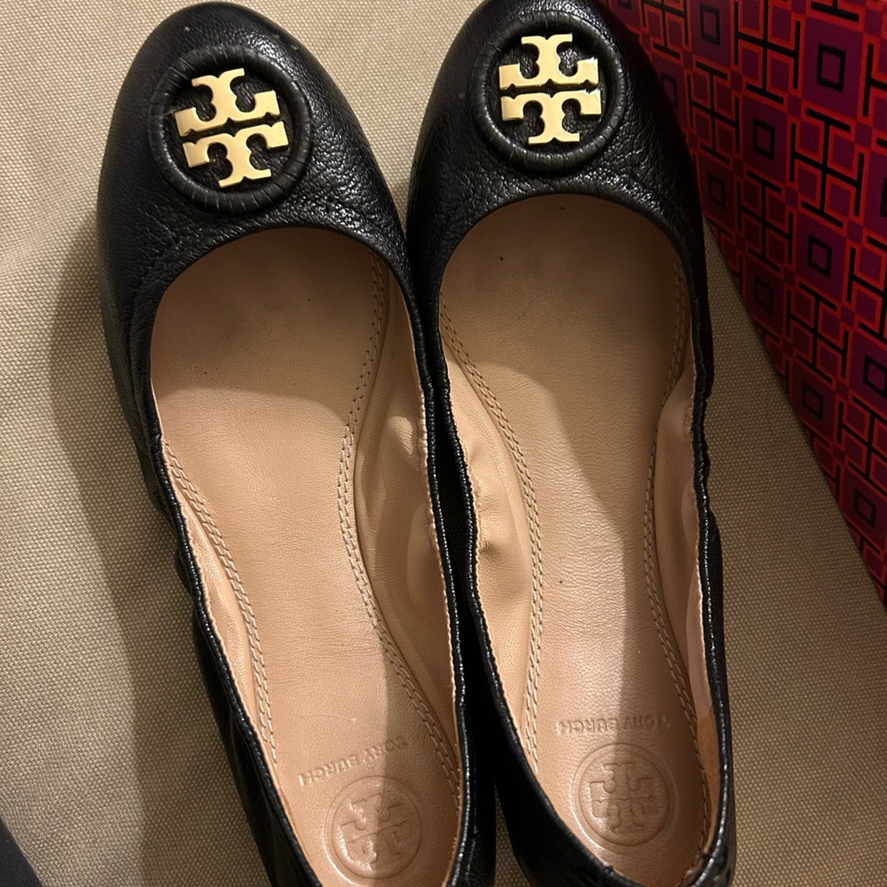 Tory Burch Black Leather Flats with Gold Logo